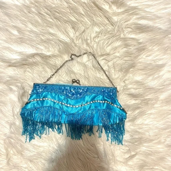 Blue Beaded Fringe Clutch - Picture 1 of 4